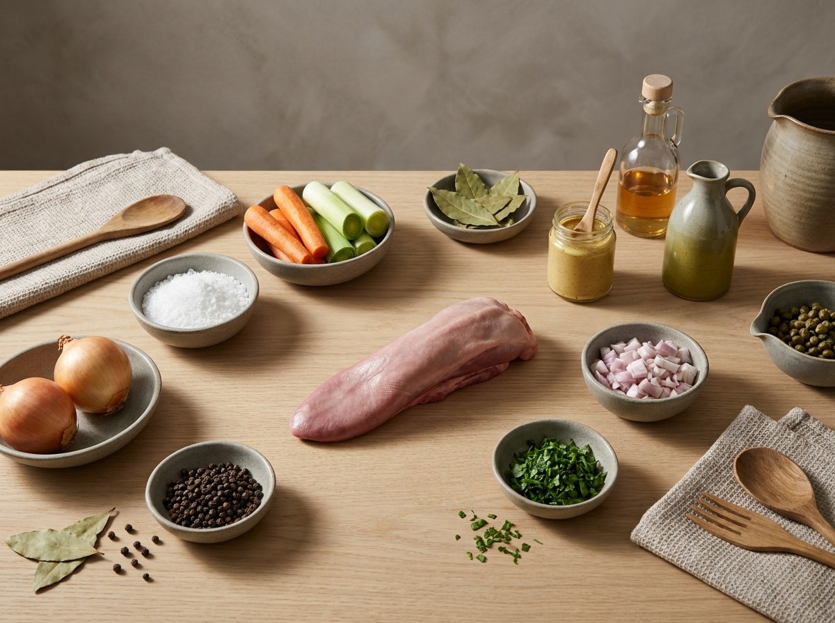 Ingredientes: lengua de ternera, sal, verduras, alcaparras, hierbas y mostaza para la ravigote