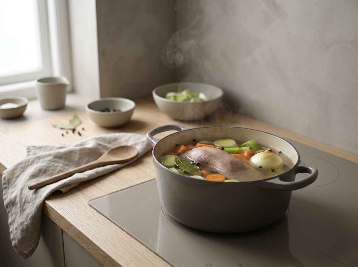 Lengua pochándose en caldo con verduras y hierbas