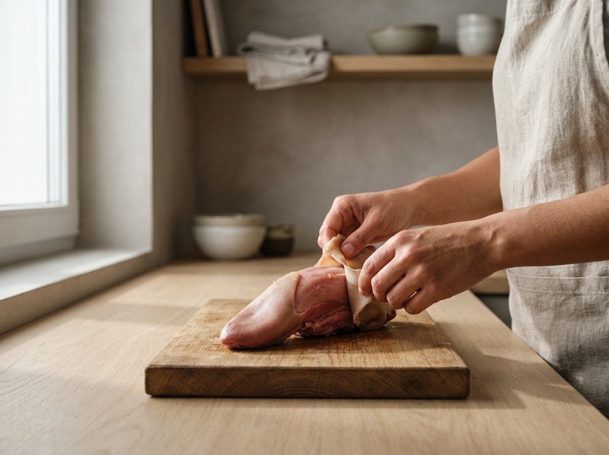 Lengua cocida pelándose en caliente sobre la tabla