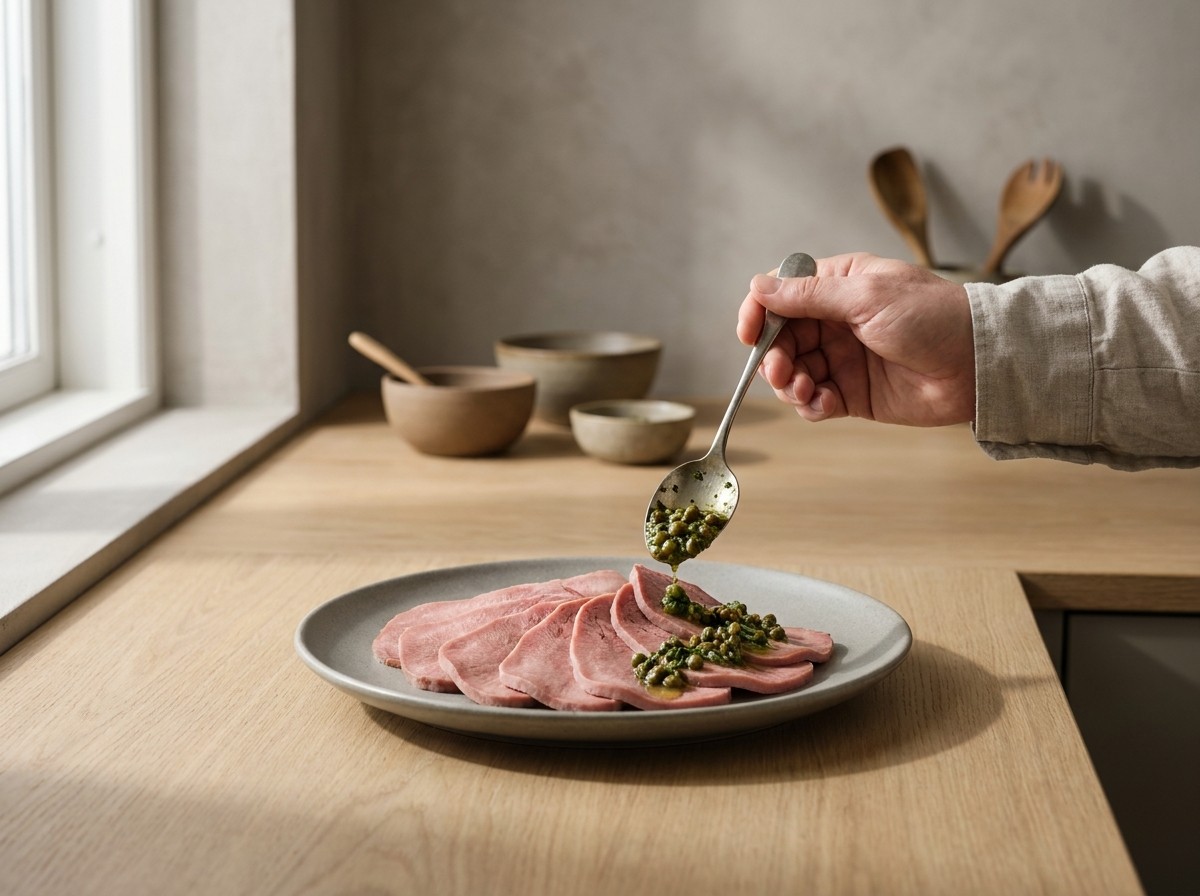 Emplatado de la lengua con salsa ravigote por encima