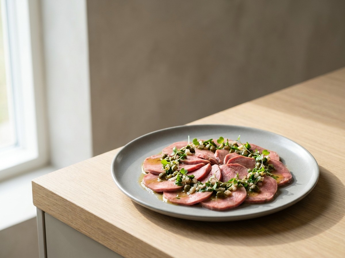 Lengua de ternera escarlata en plato de cerámica gris piedra: lonchas finas rosadas aliñadas con salsa ravigote de alcaparras, hierbas y chalota.