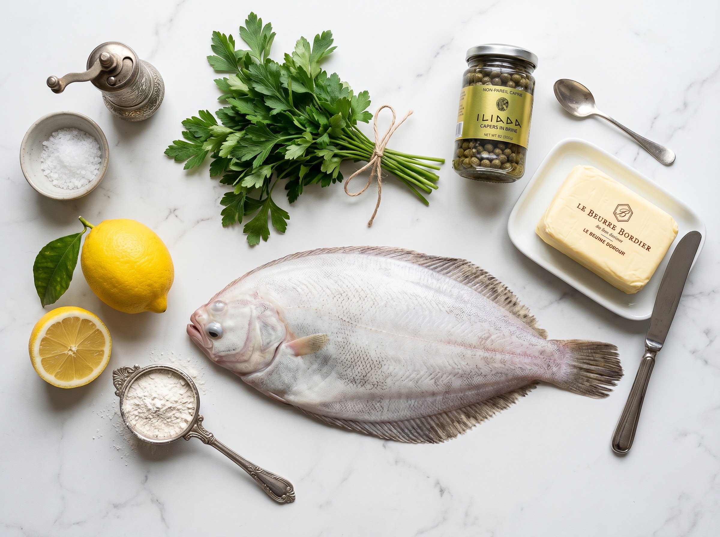 Flat lay: lenguado de Dover entero, mantequilla Bordier, alcaparras Iliada, limones, perejil y harina sobre mármol blanco