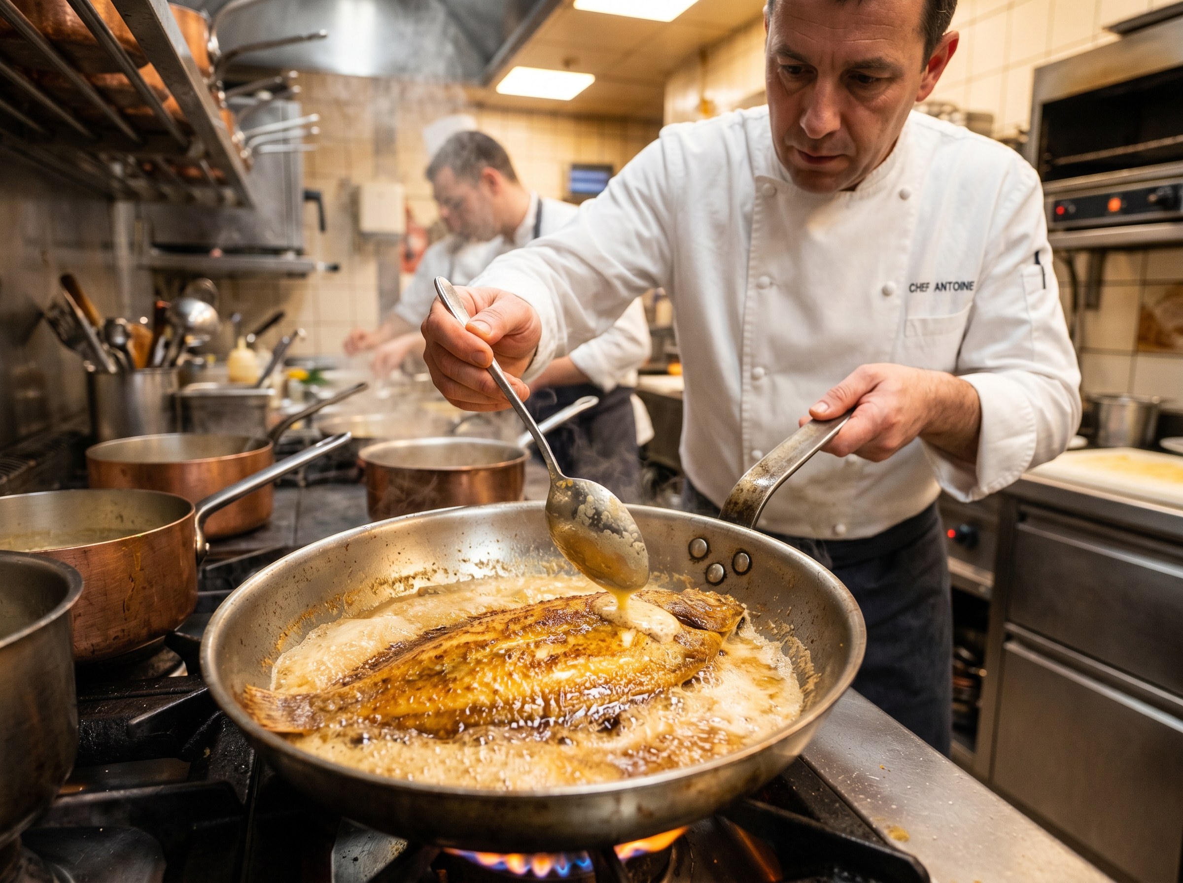 Chef Antoine arrosando el lenguado con mantequilla espumante dorada en sartén de acero, técnica de basting clásica