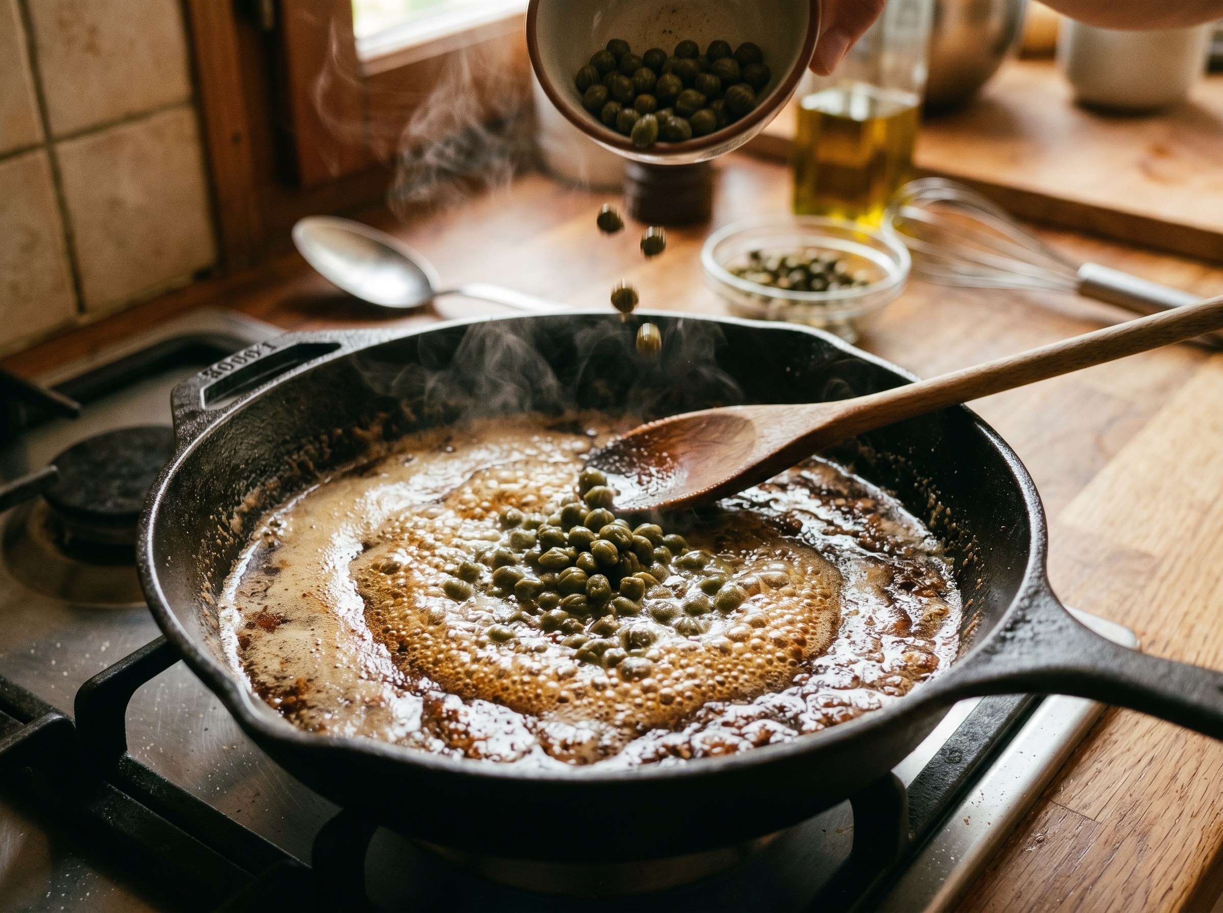 Alcaparras cayendo en beurre noisette burbujeante en sartén de hierro — chisporroteo al contacto con la grasa a 140°C