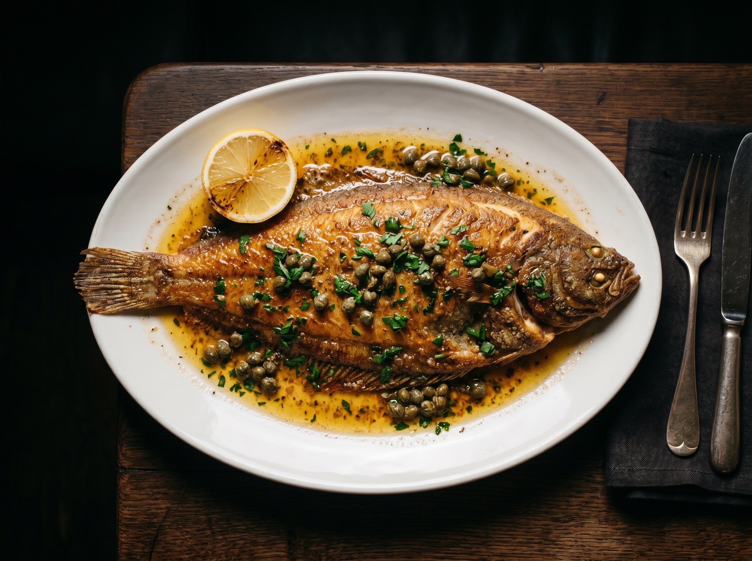 Lenguado de Dover meunière con alcaparras fritas y mantequilla noisette