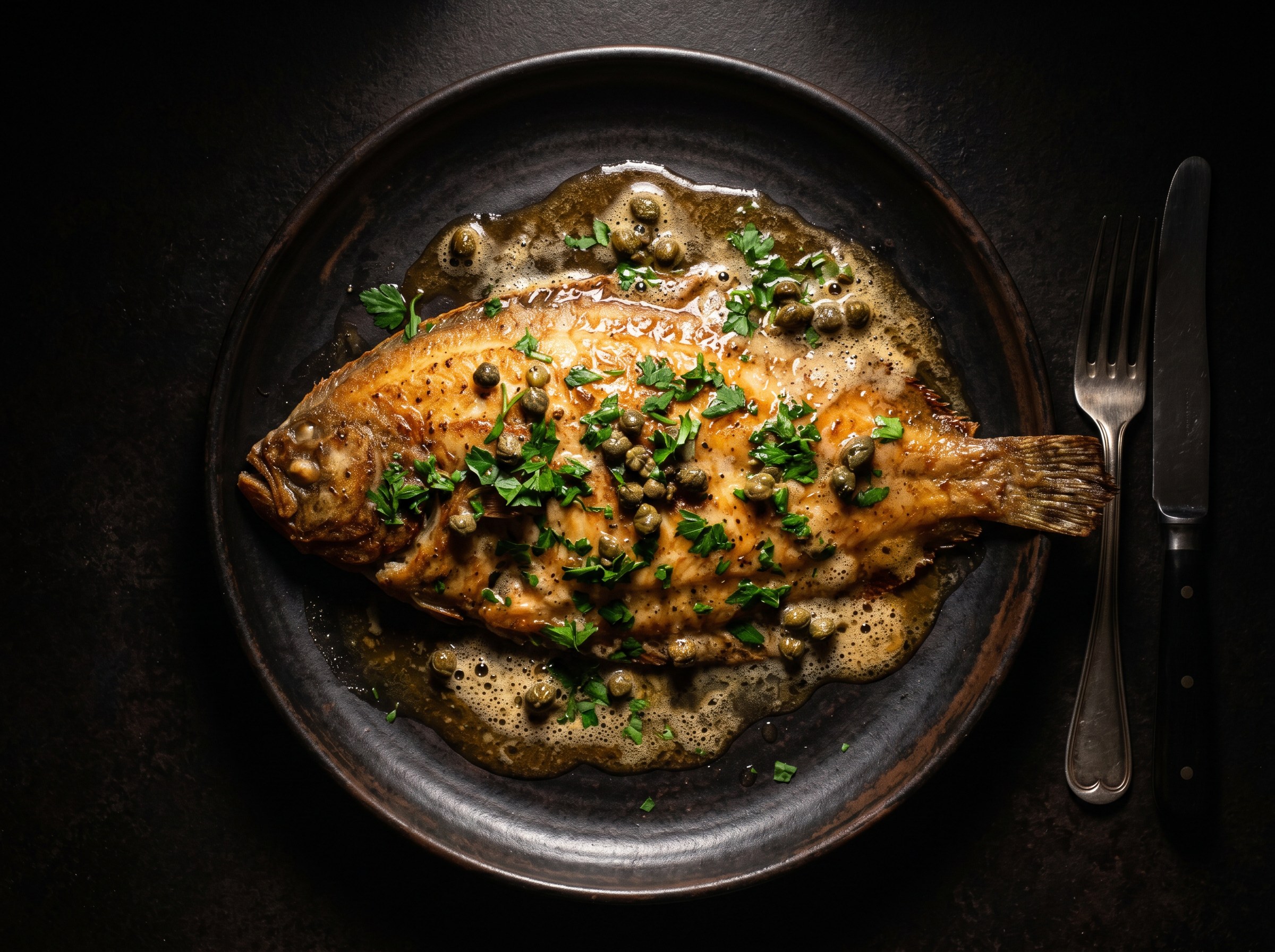 Hero final: lenguado meunière sobre plato oscuro, beurre noisette brillante, alcaparras y perejil — estética contemporánea