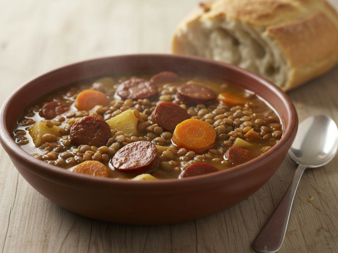 Plato hondo de lentejas estofadas con chorizo, zanahoria y patata, caldo espeso y meloso, con pan al lado.
