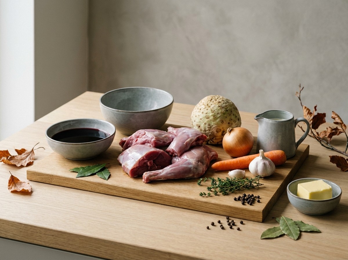 Ingredientes: liebre despiezada, vino tinto, apionabo, cebolla, ajo y nata