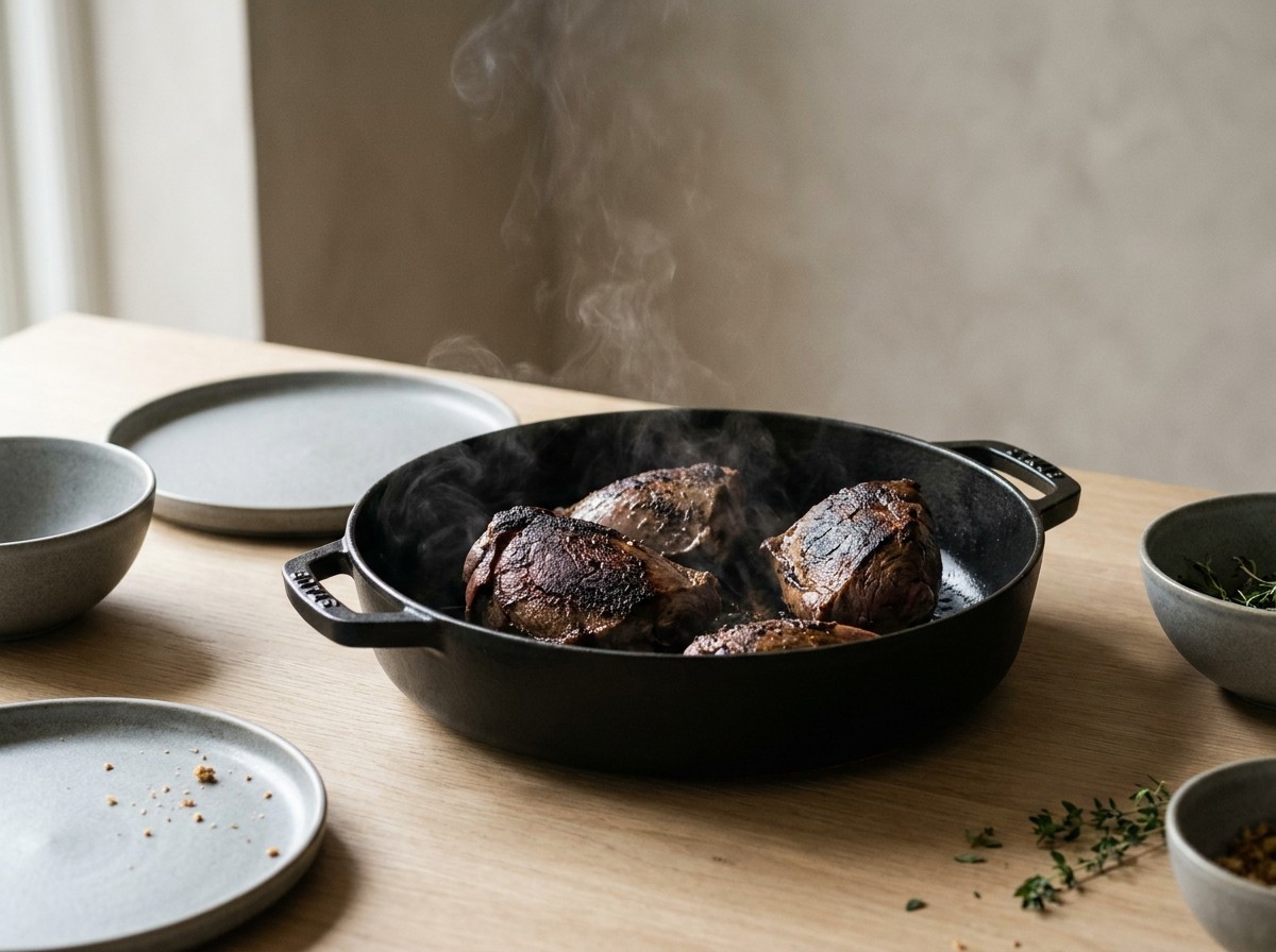 Liebre dorándose en la cocotte tras el adobo