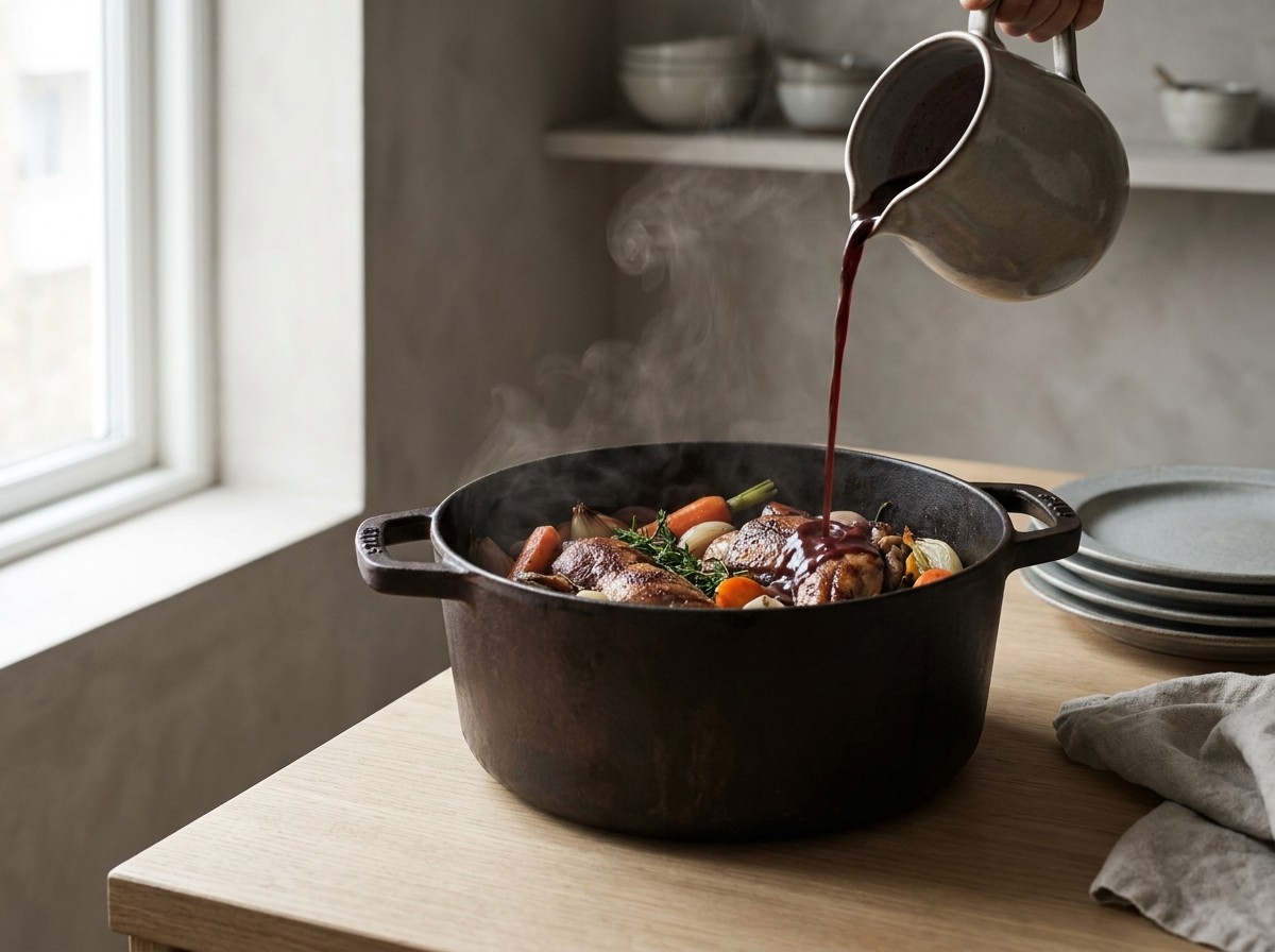 Adobo de vino incorporándose al guiso con la liebre