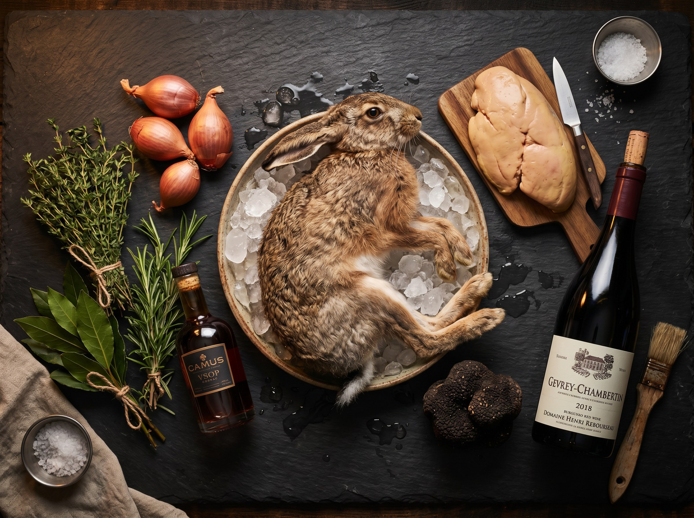 Flat lay ingredientes: liebre, foie gras, trufa negra y Armagnac