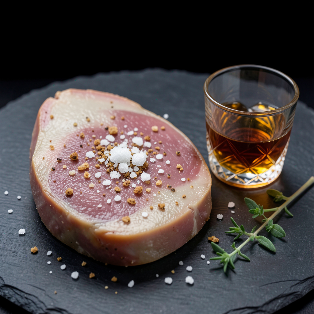 Foie gras sazonado con sal curing, pimienta blanca y Armagnac listo para marinar