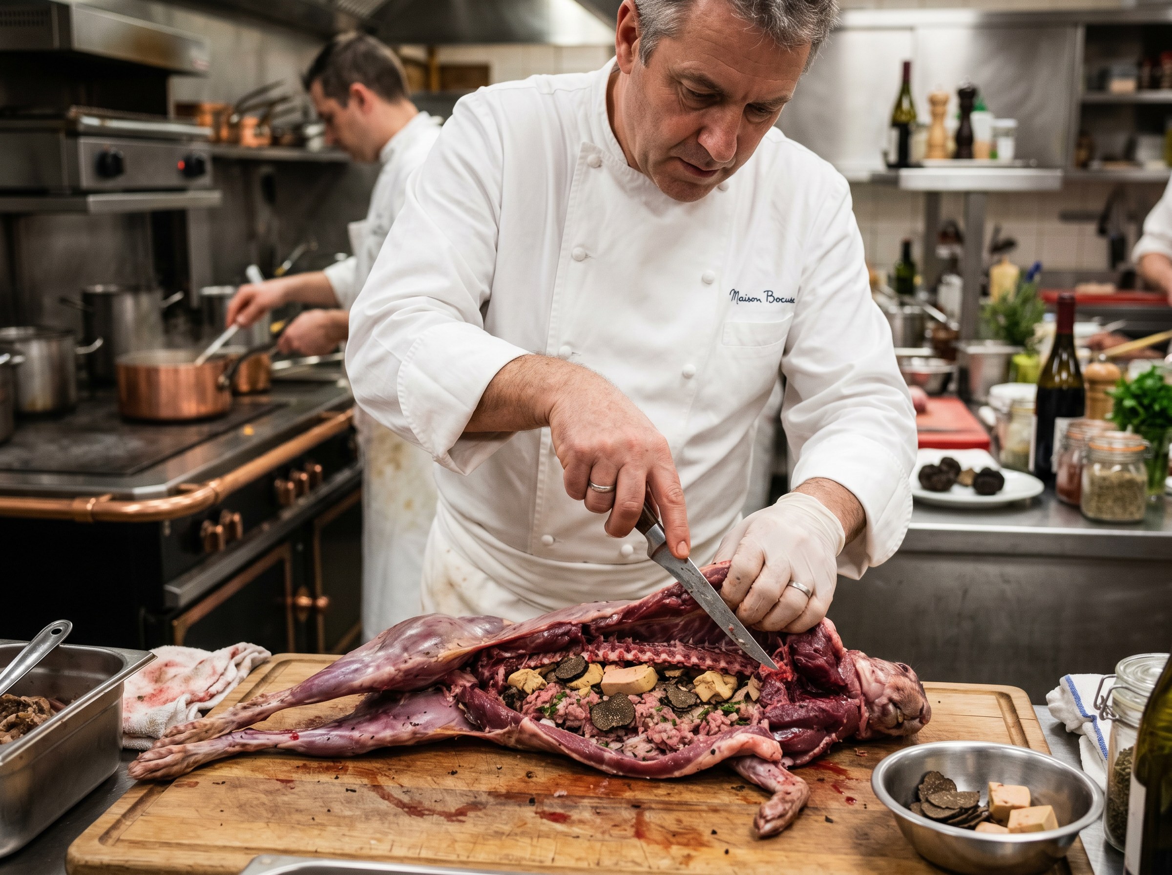 Chef deshuesando la liebre entera, foie y trufa como relleno