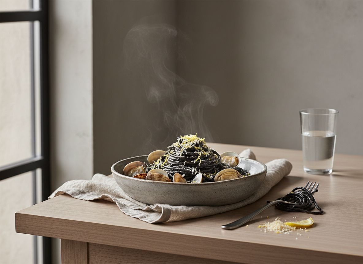 Linguine negros al nero di seppia enrollados en cuenco de cerámica gris piedra, con almejas abiertas, bottarga rallada y ralladura de limón, con un ligero vapor, luz natural suave desde la izquierda.