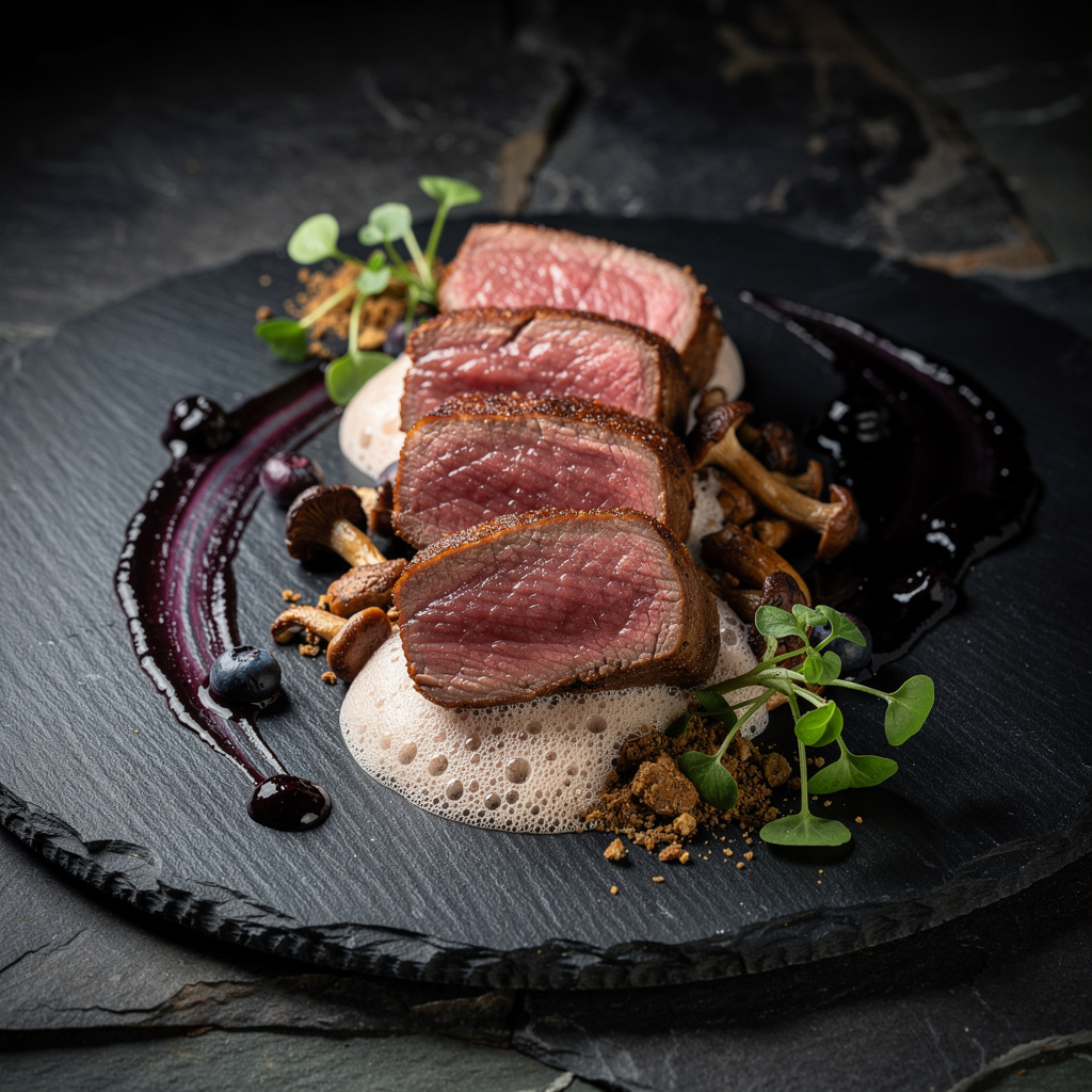 Medallones de lomo de ciervo ibérico rosados sobre espuma de patata ahumada con salsa de arándanos silvestres y tierra de hongos en plato de pizarra negra
