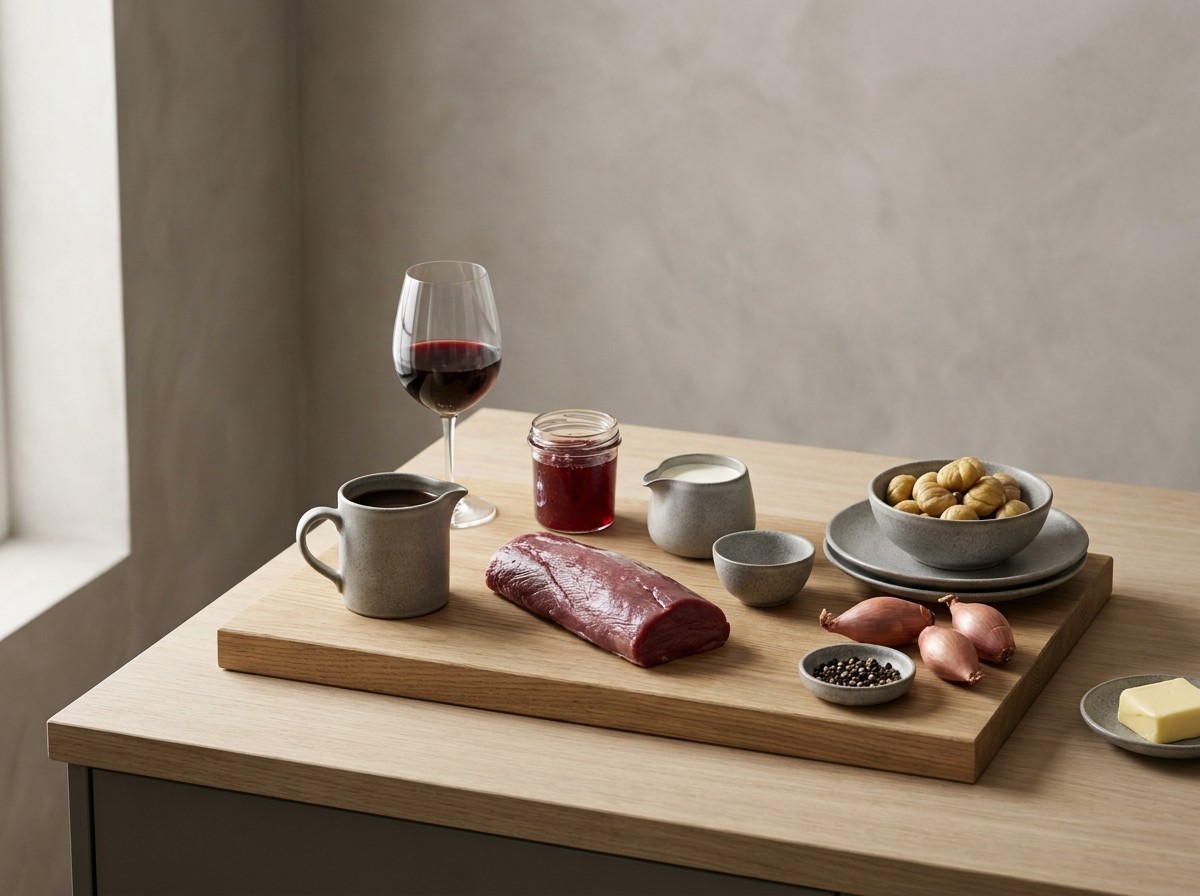 Ingredientes: lomo de ciervo, fondo de caza, vino, jalea de grosella, nata y castañas