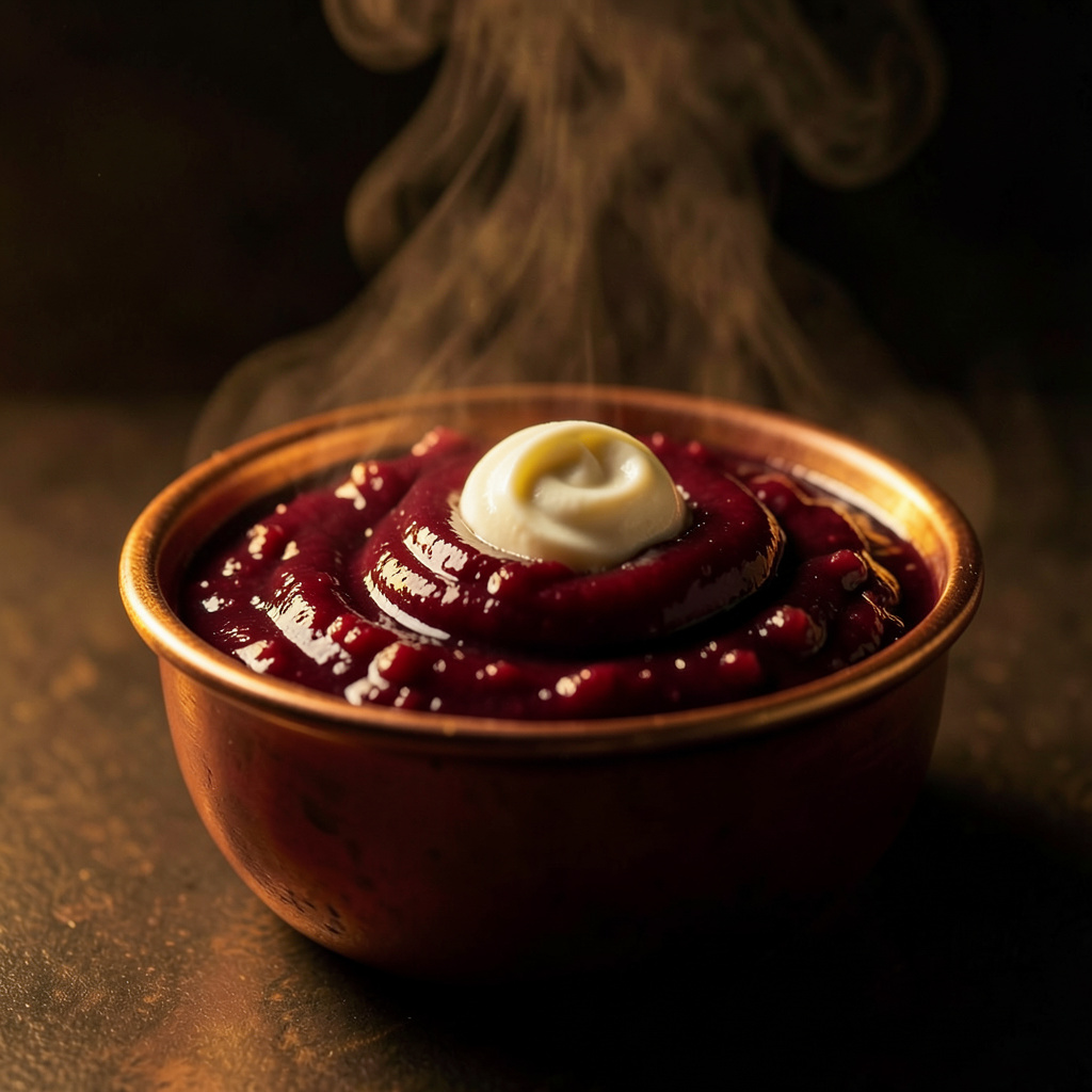 Salsa de ciruela umeboshi fermentada montada con mantequilla, brillante y de color granate profundo en cazito de cobre