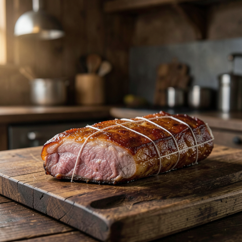 Lomo Duroc madurado atado con hilo de cocina, grasa de cobertura uniforme, listo para sellar