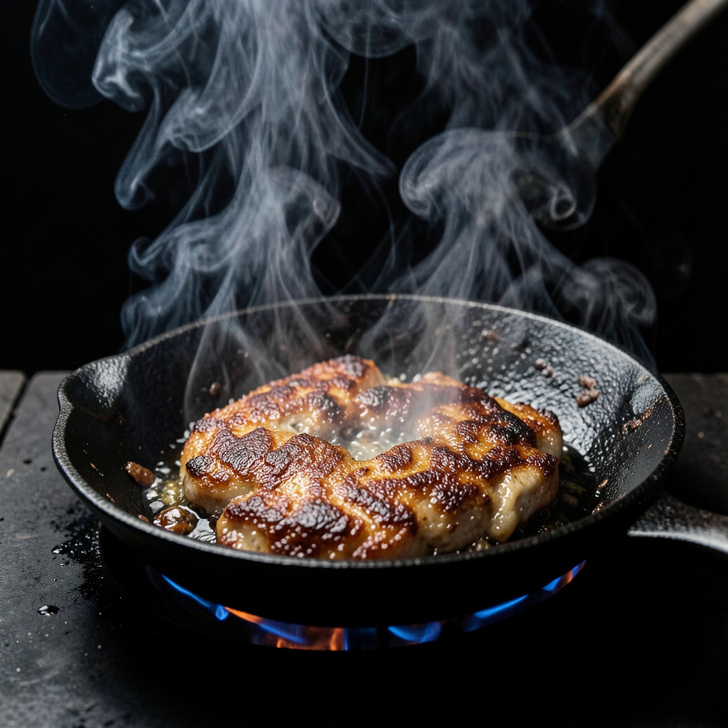 Lomo Duroc sellando en sartén de hierro al límite del humo, costra de Maillard profunda formándose
