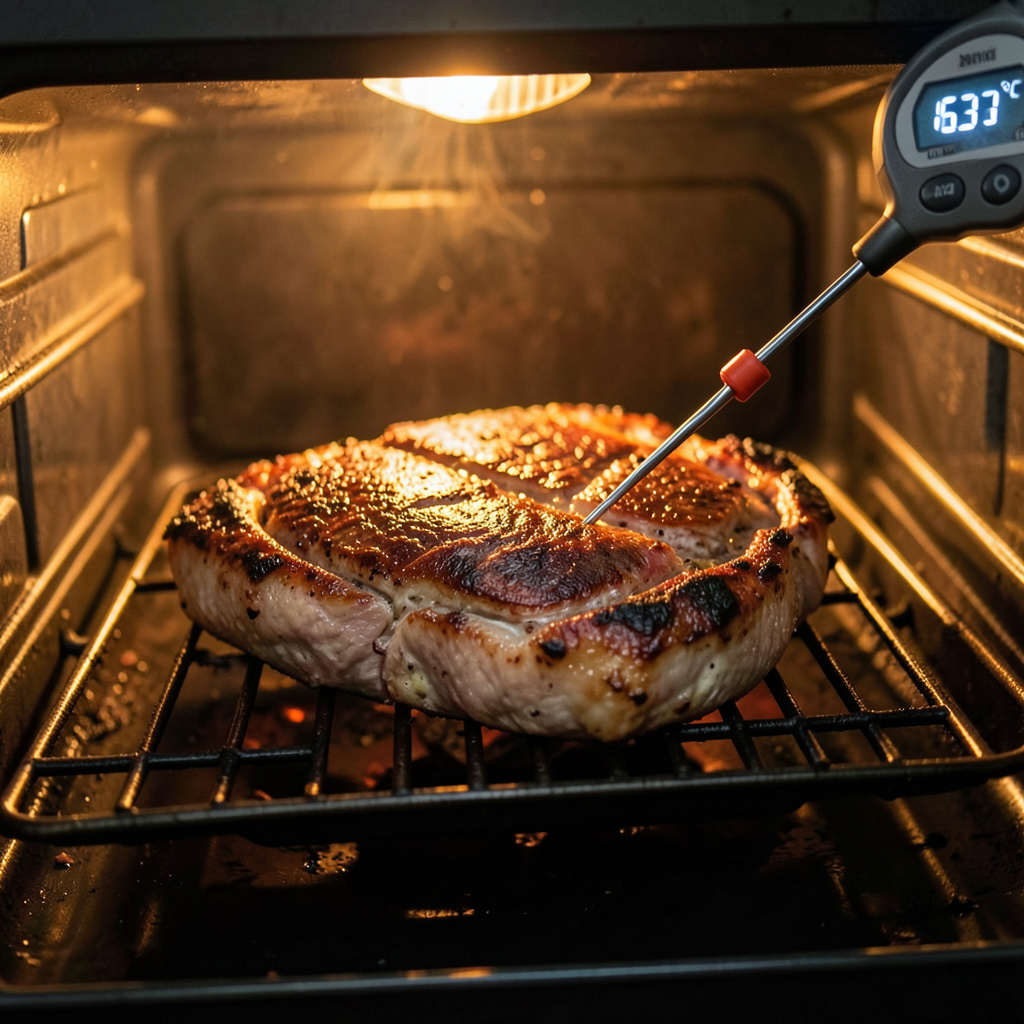 Lomo Duroc en bandeja con rejilla en horno a 175°C con termómetro de sonda mostrando 63°C