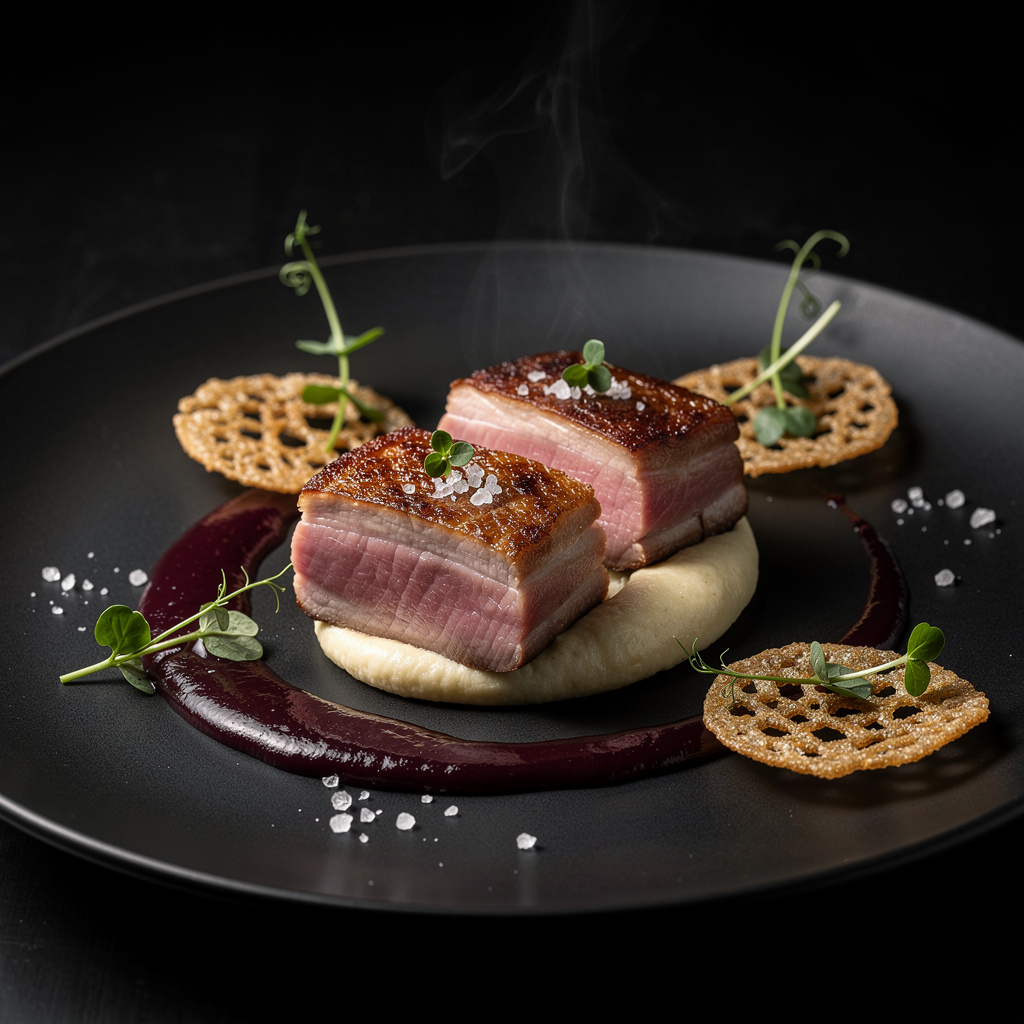 Lomo de cerdo Duroc madurado con costra dorada sobre puré de apionabo trufado, salsa de ciruela fermentada oscura y crujiente de corteza de cerdo en plato negro