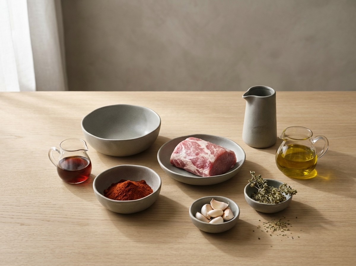 Ingredientes: lomo de cerdo ibérico, pimentón de La Vera, ajo, orégano, vinagre y aceite