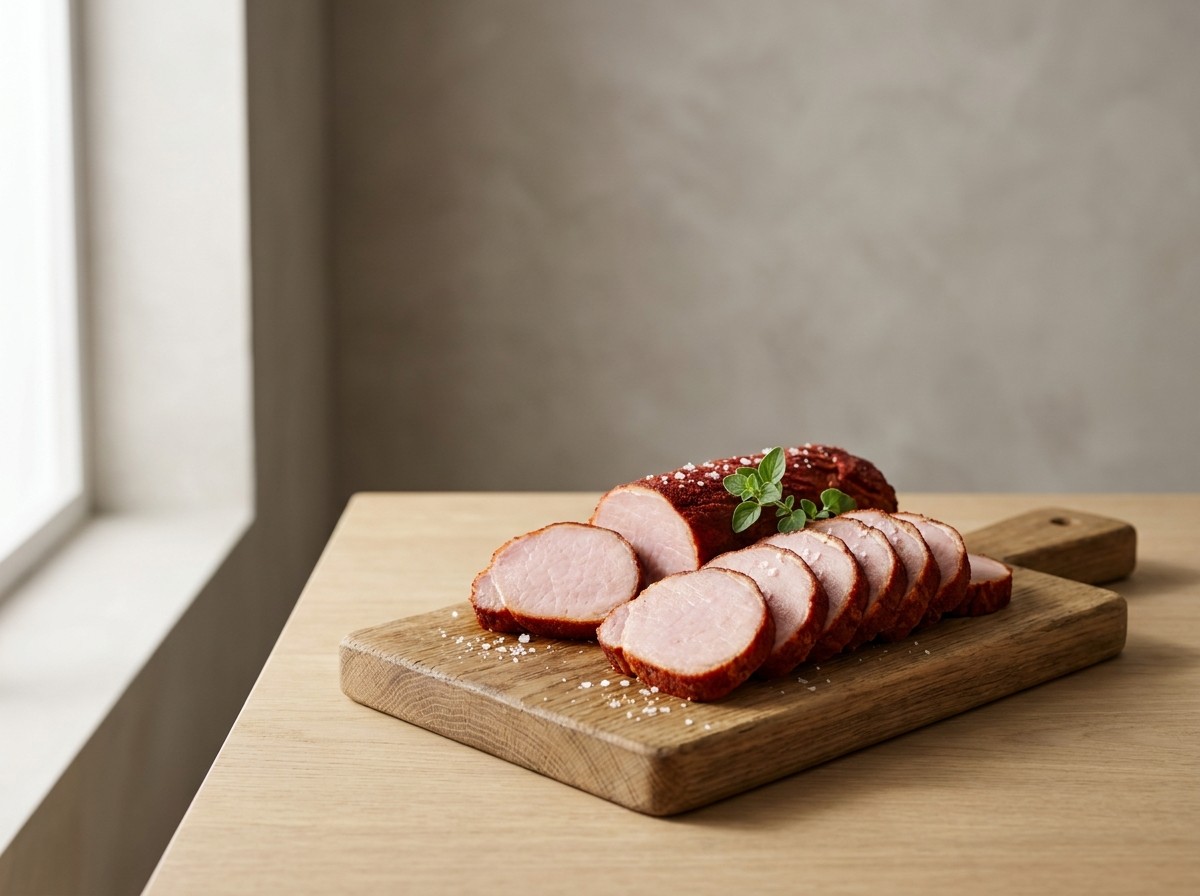 Lomo ibérico adobado al pimentón en tabla de roble: rodajas jugosas de cerdo con costra roja de pimentón de La Vera y un interior rosado, con orégano.