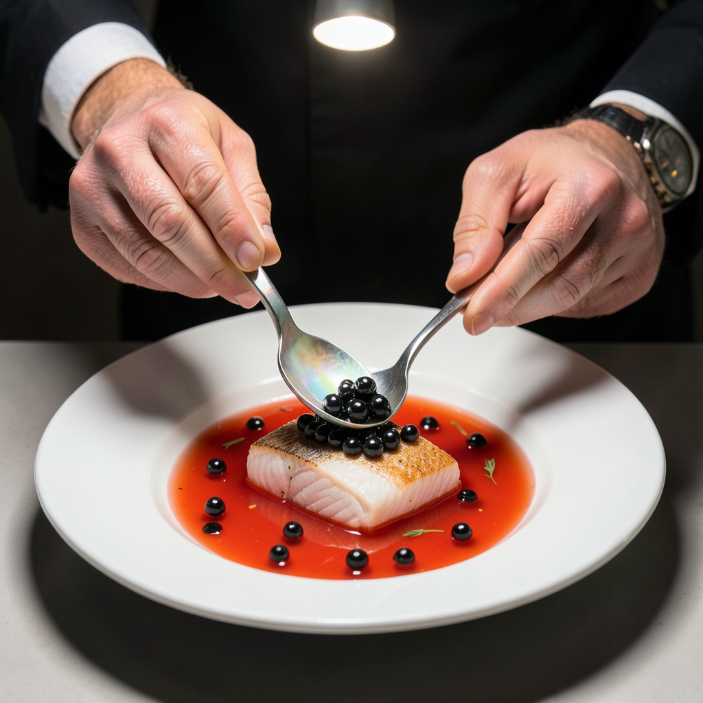 Colocando caviar Oscetra sobre el lomo de lubina