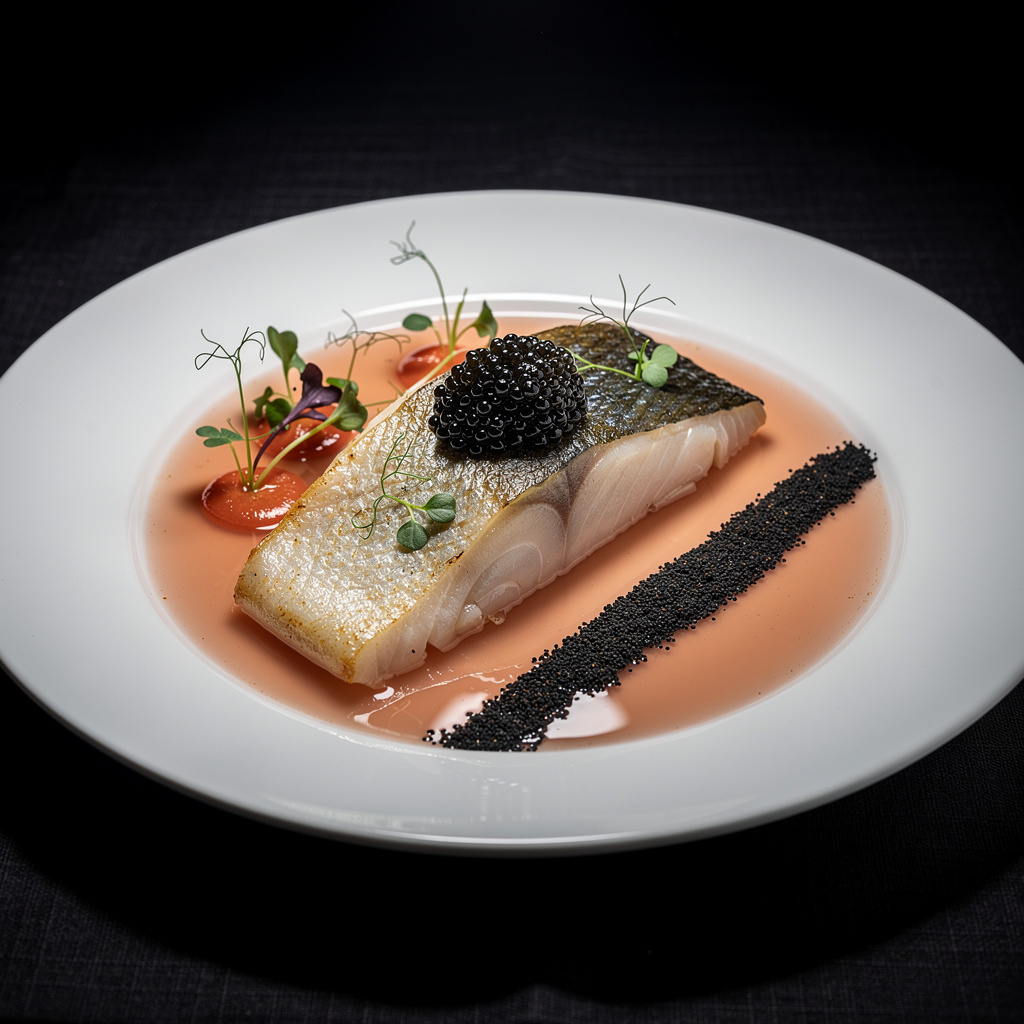 Lomo de lubina nacarado con caviar Oscetra, tierra de aceitunas Kalamata y salsa de cítricos