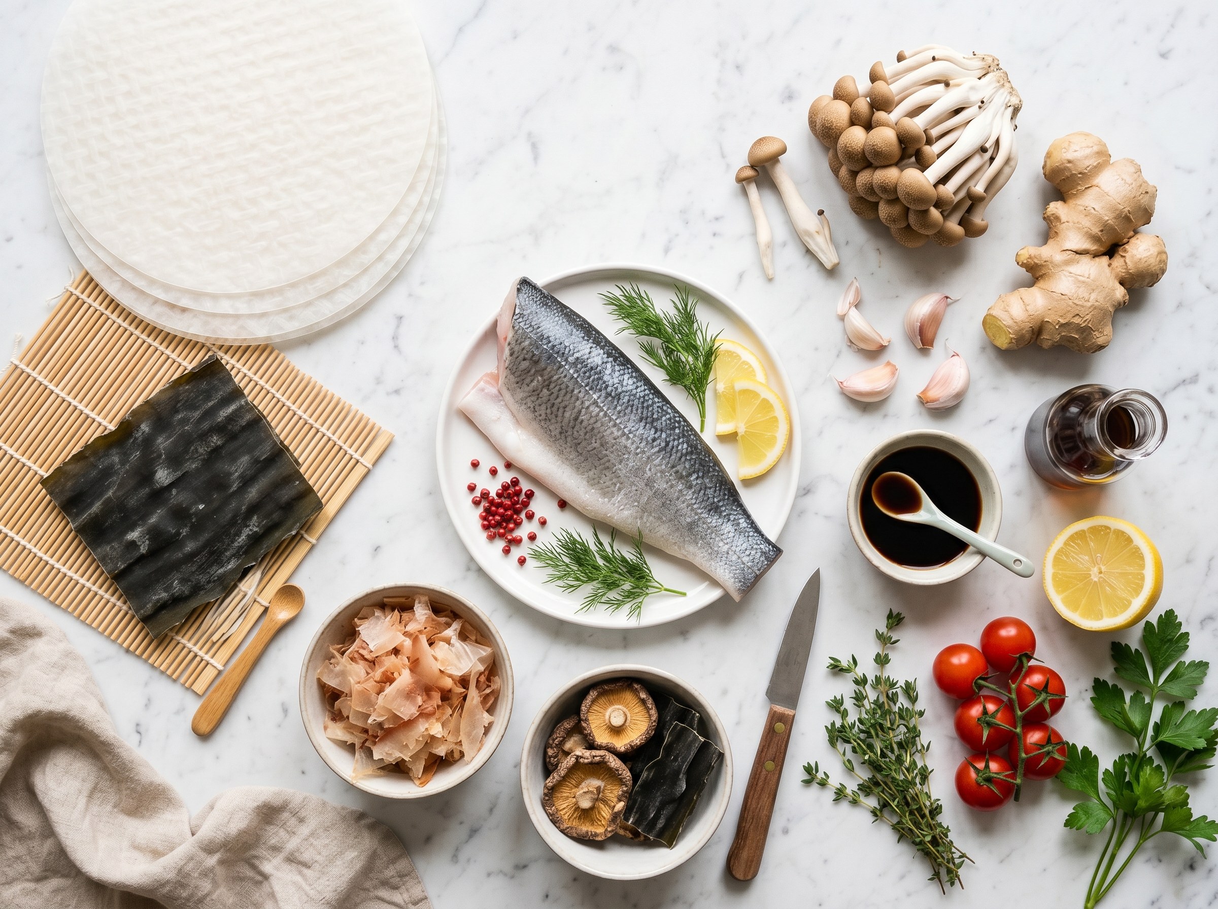 Flat lay ingredientes del papillote de lubina con dashi