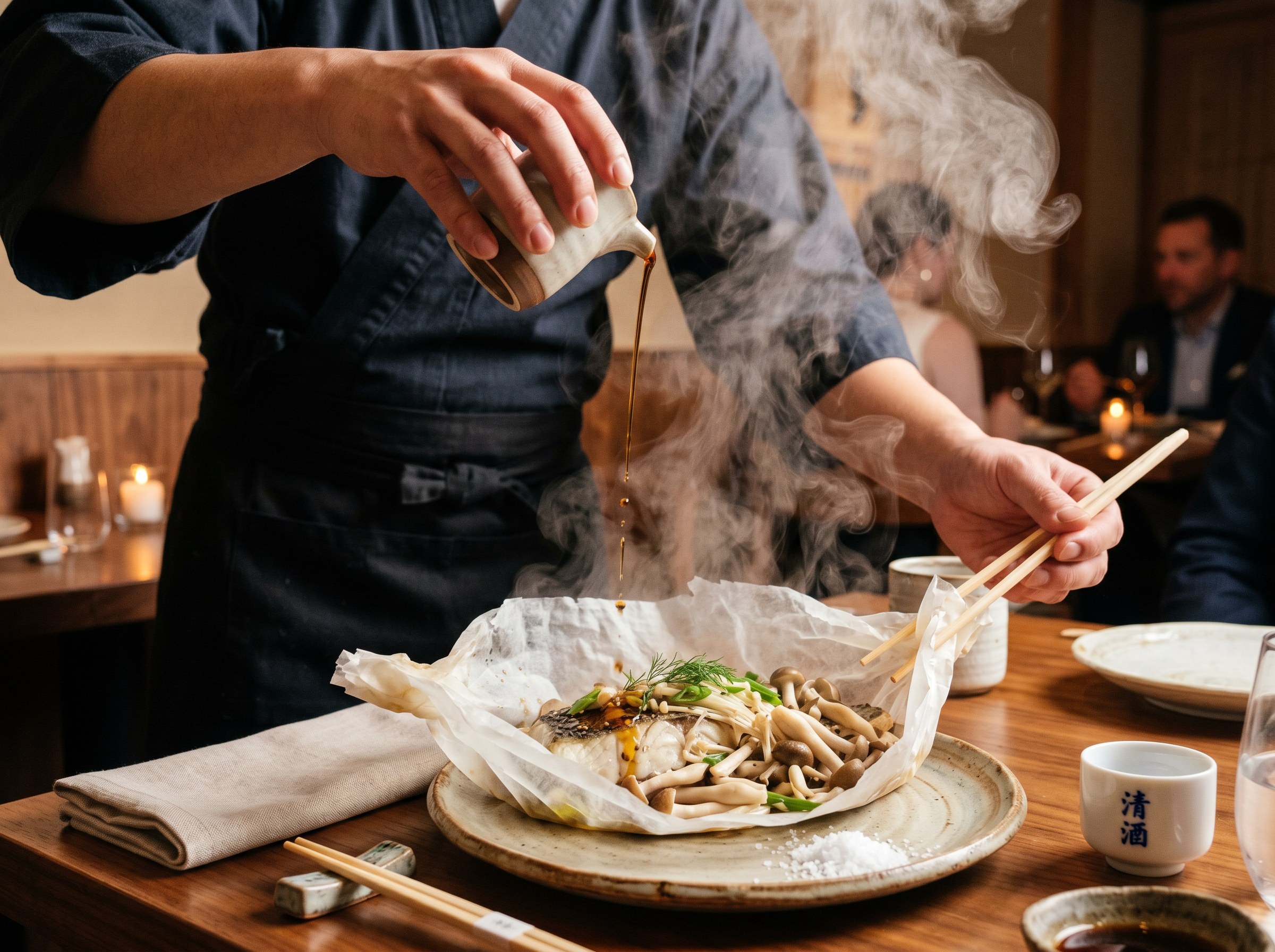 Apertura dramática del papillote en la mesa con vapor