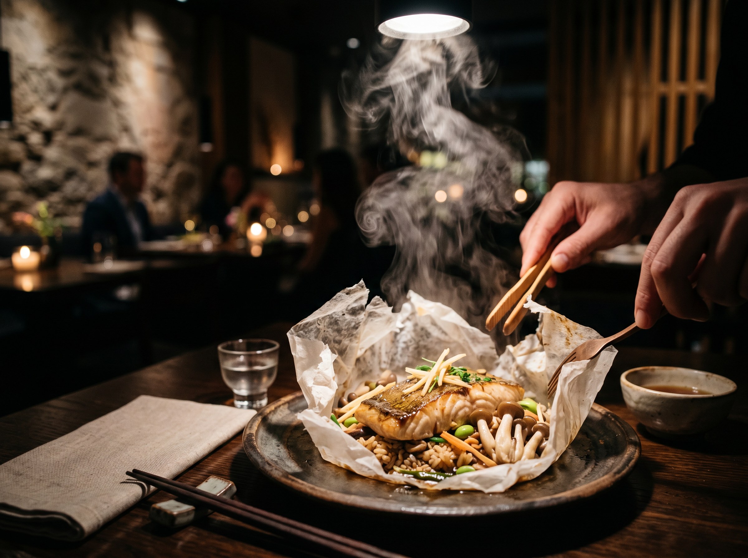 Hero final: lubina en papillote de arroz abierto con vapor de dashi y shimeji