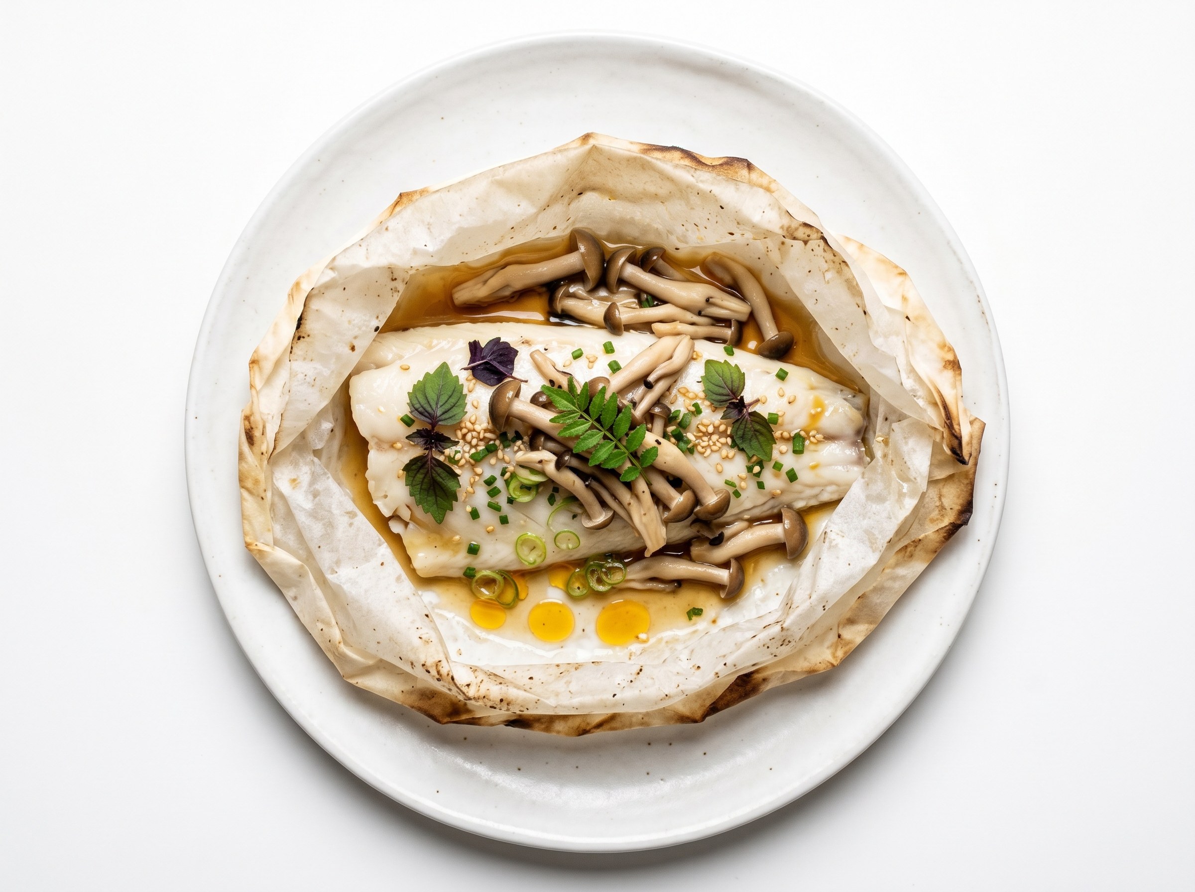 Lubina en papillote de papel de arroz con dashi y setas shimeji
