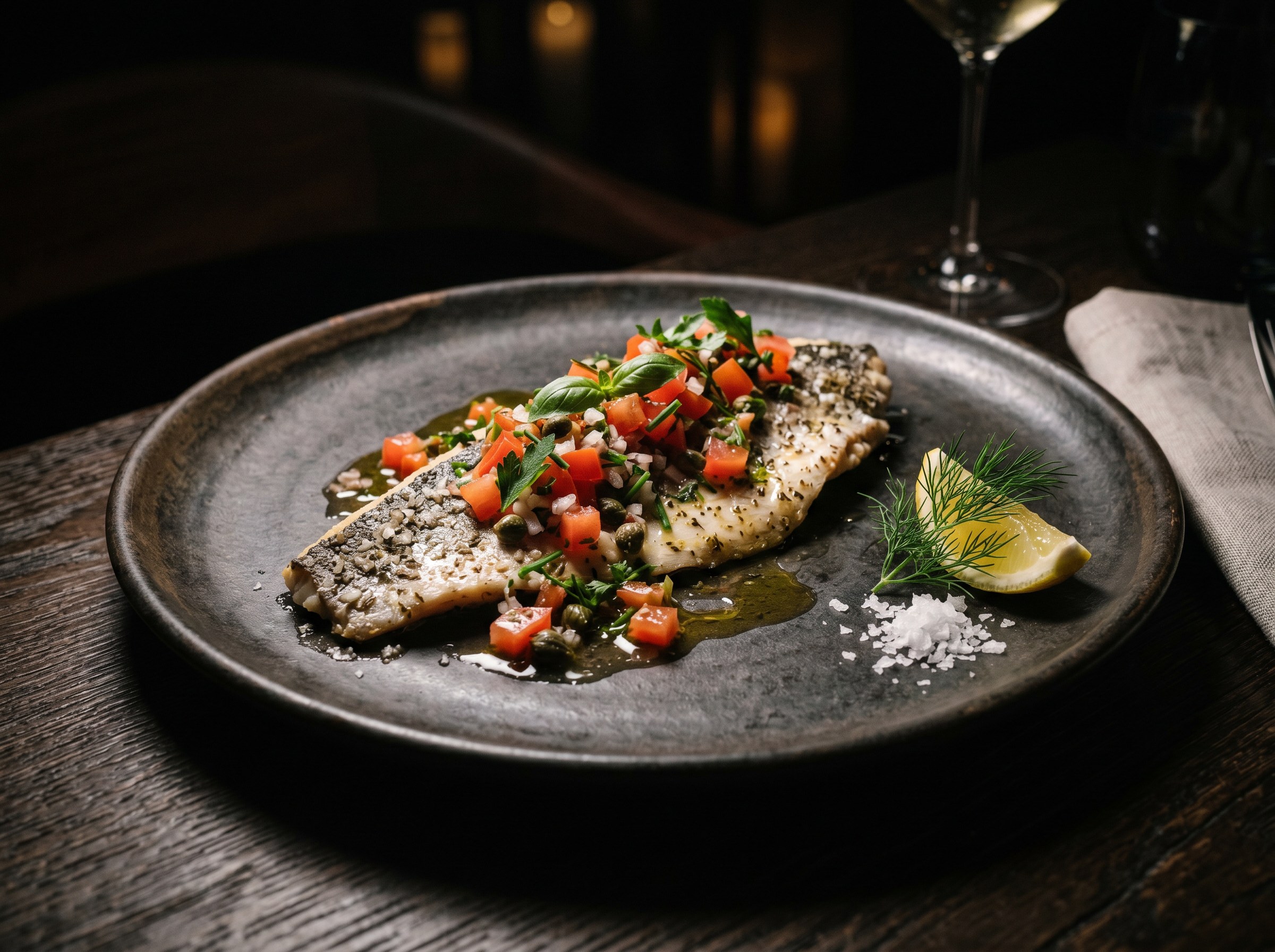 Hero final: lubina a la sal con salsa vierge de hierbas y aceite de cítricos