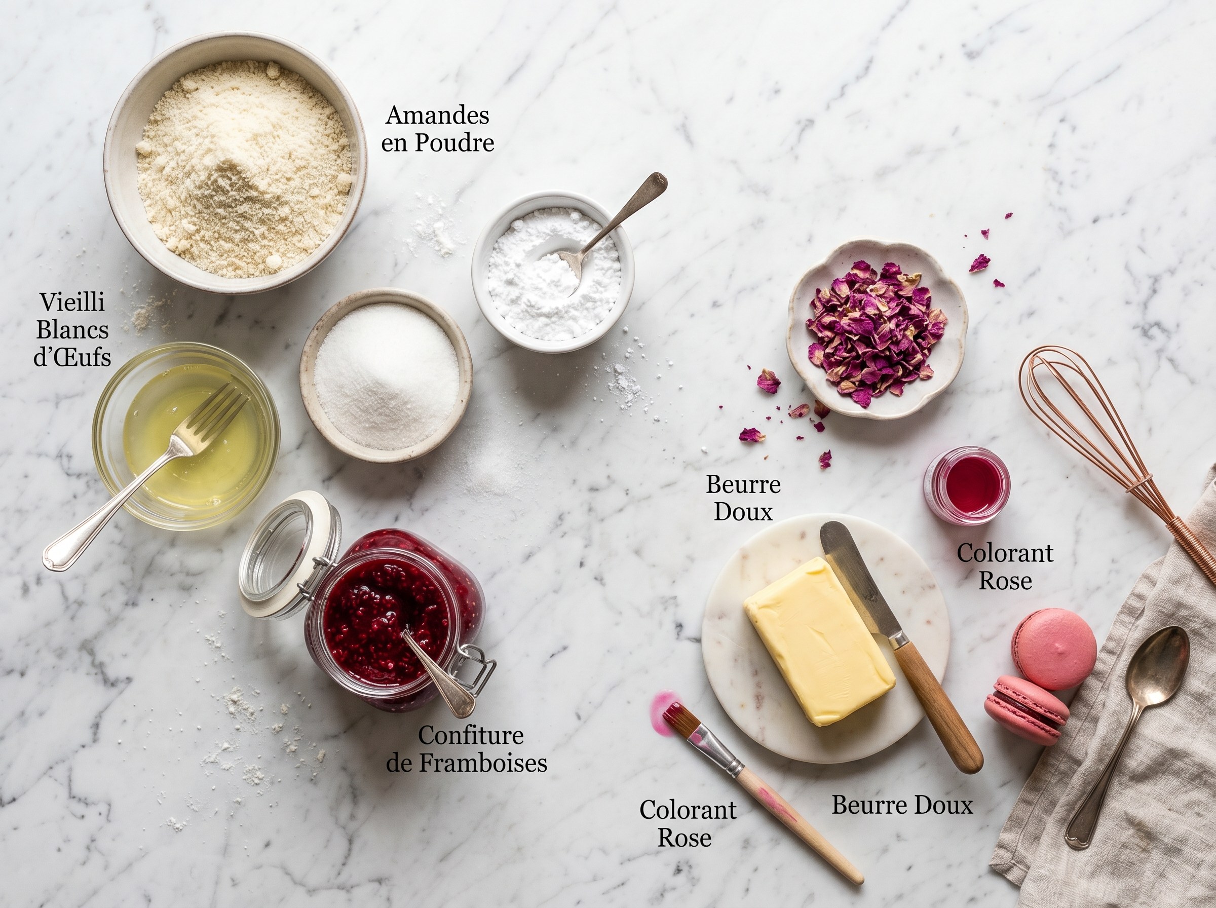Ingredientes macaron: harina almendra, claras envejecidas, azúcar, mermelada frambuesa, pétalos rosa
