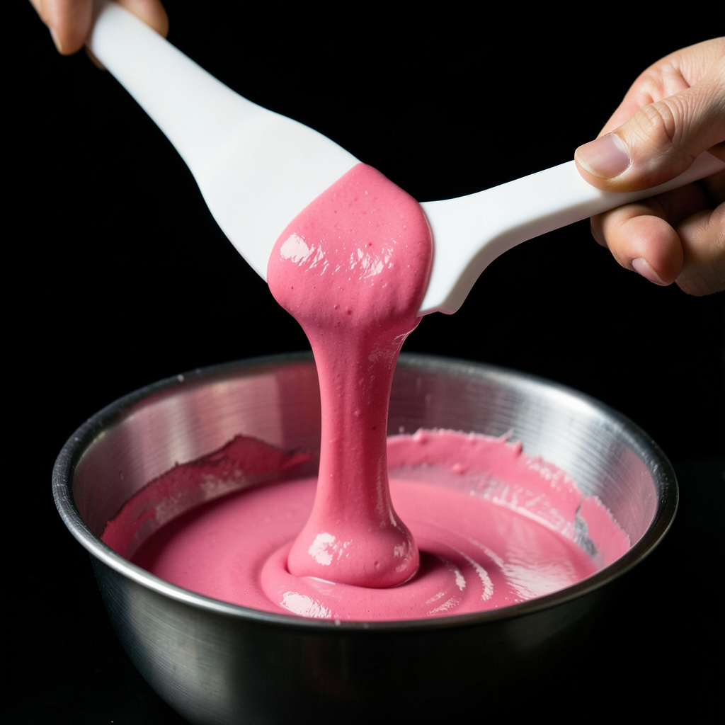 Macaronage: masa rosa cayendo de la espátula en cinta continua — punto perfecto