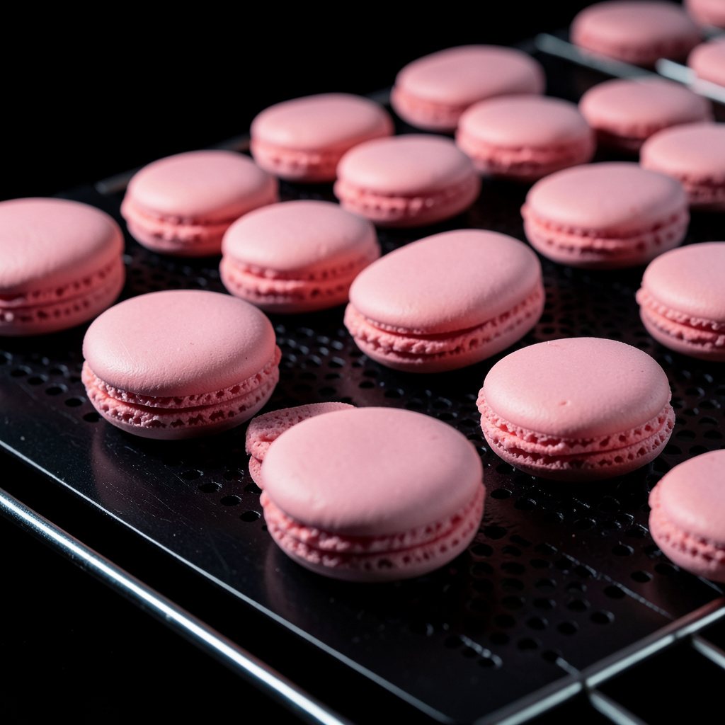 Macarons rosas saliendo del horno con pie perfecto, enfriándose en rejilla