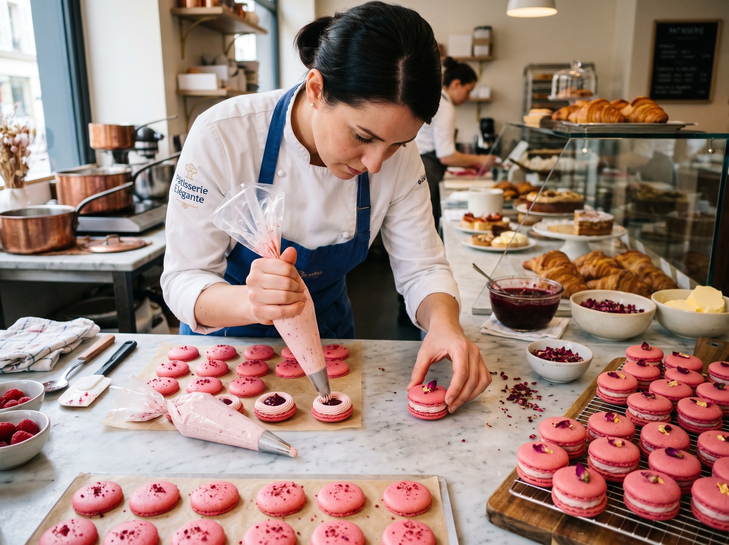 Macarons siendo rellenados con crema de mantequilla de rosa y mermelada de frambuesa