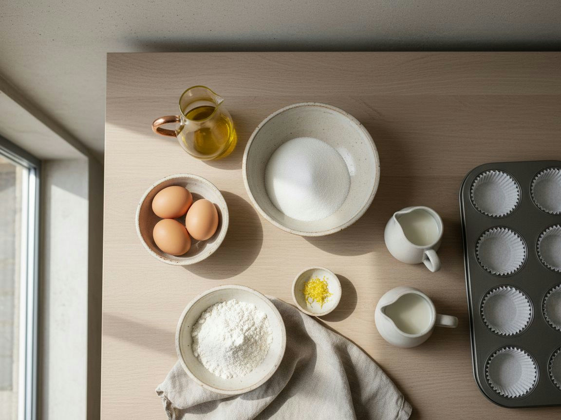 Ingredientes de las magdalenas pesados sobre mármol: huevos, azúcar, aceite de oliva, harina, levadura y limón rallado