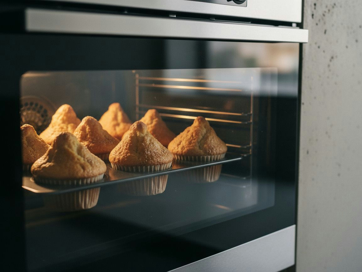Magdalenas subiendo en el horno con el copete agrietado formándose sobre el borde de la cápsula