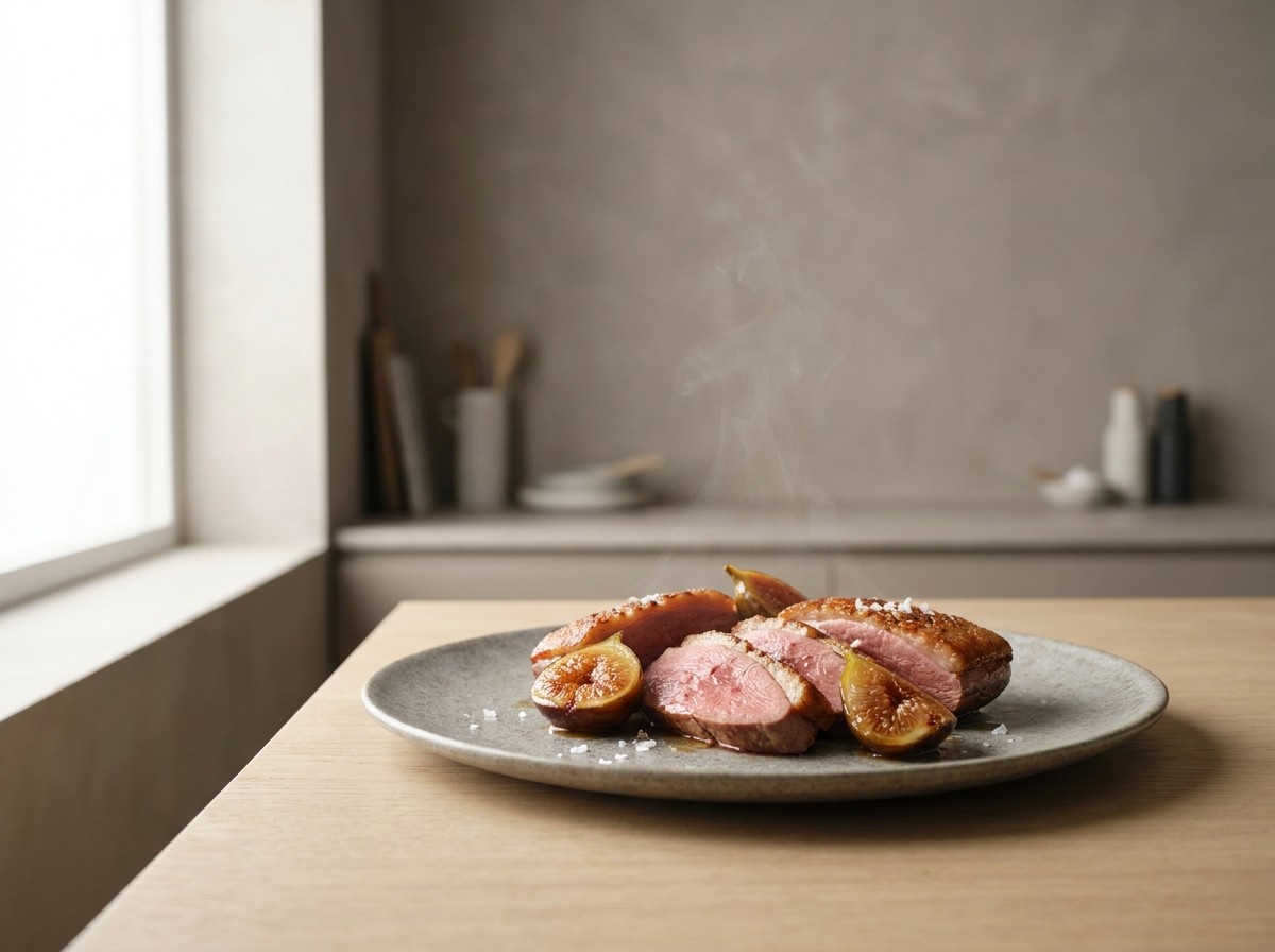 Magret de pato en plato de cerámica gris piedra: lonchas de pato rosadas con piel crujiente, higos glaseados con miel y su jugo.