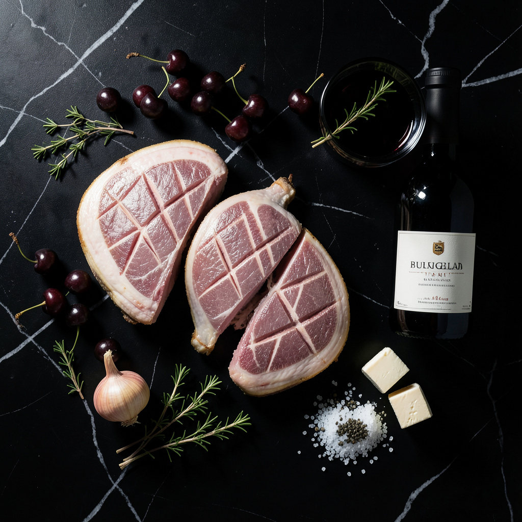 Flat lay ingredientes del magret de pato con cerezas al Borgoña: magrets, cerezas, Pinot Noir, chalotas, tomillo