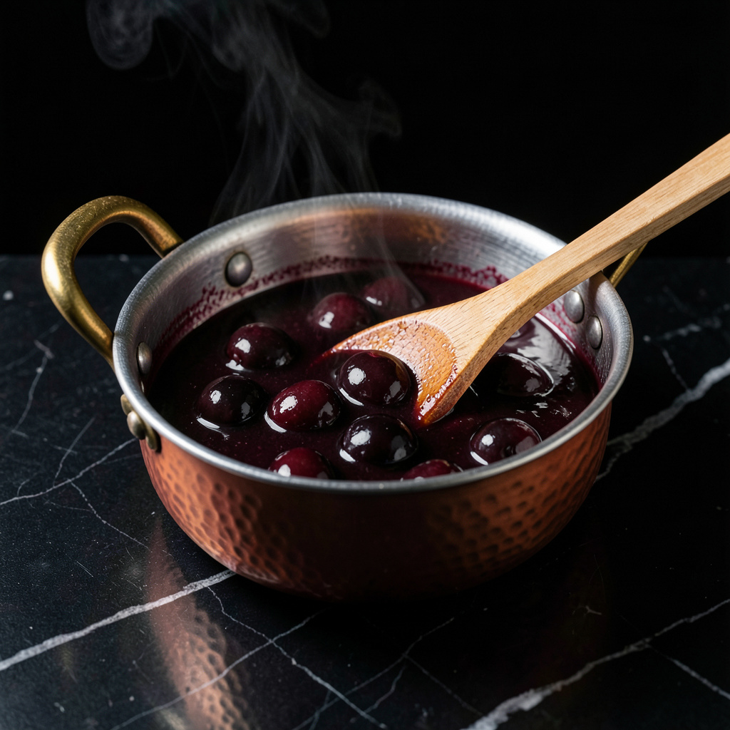 Salsa de cerezas al Borgoña reduciéndose hasta color rojo oscuro brillante