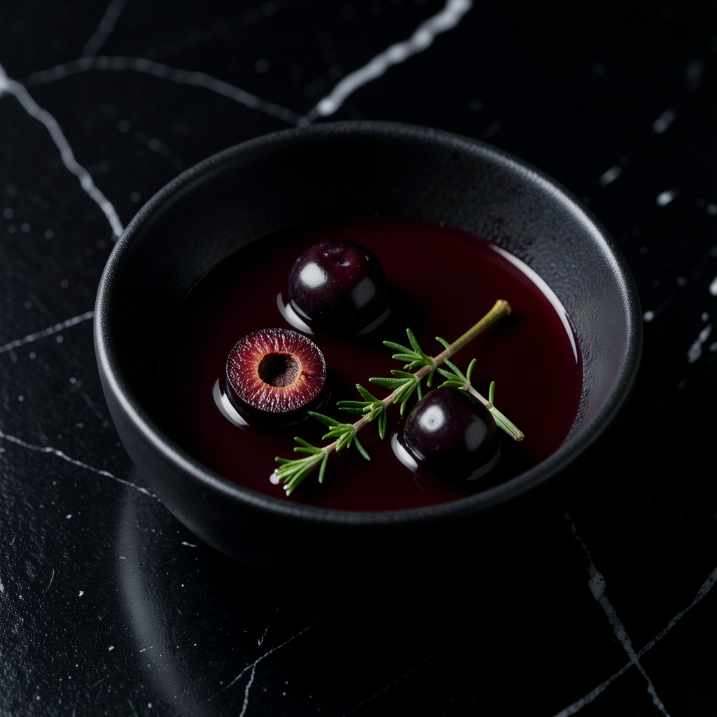 Salsa de cerezas al Borgoña montada con mantequilla fría, color rojo brillante
