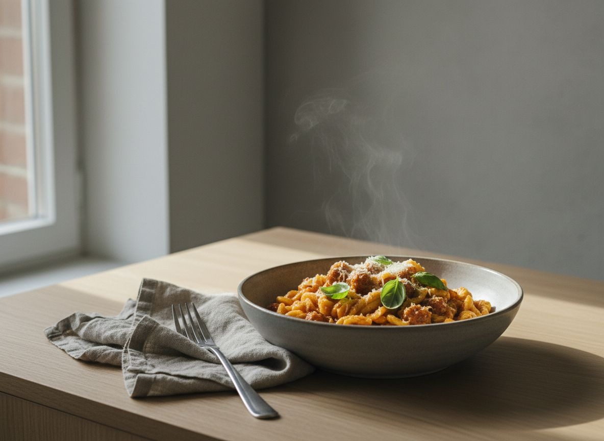 Malloreddus con salsa de salchicha y azafrán de color rojo anaranjado en cuenco de cerámica gris piedra, con pecorino rallado y albahaca, con un ligero vapor, luz natural suave desde la izquierda.