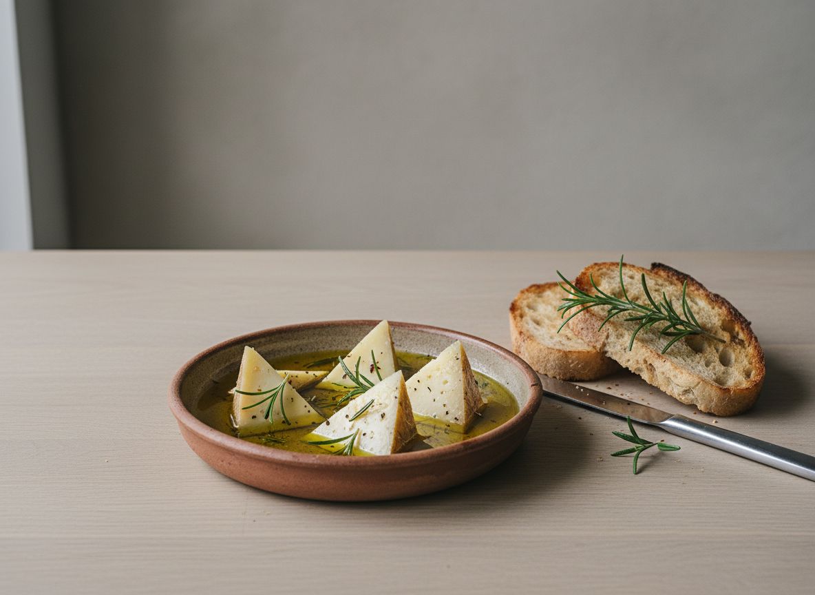 Triángulos de queso manchego curado marinándose en aceite de oliva dorado con ramitas de romero y granos de pimienta, en plato hondo de cerámica, con pan de pueblo