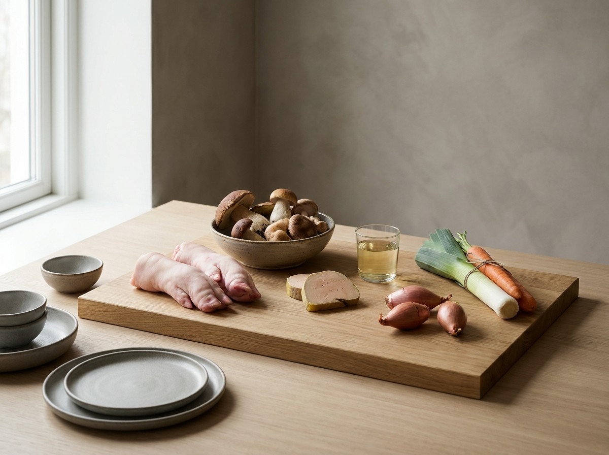 Ingredientes: manitas de cerdo, setas variadas, foie, chalota, vino y caldo
