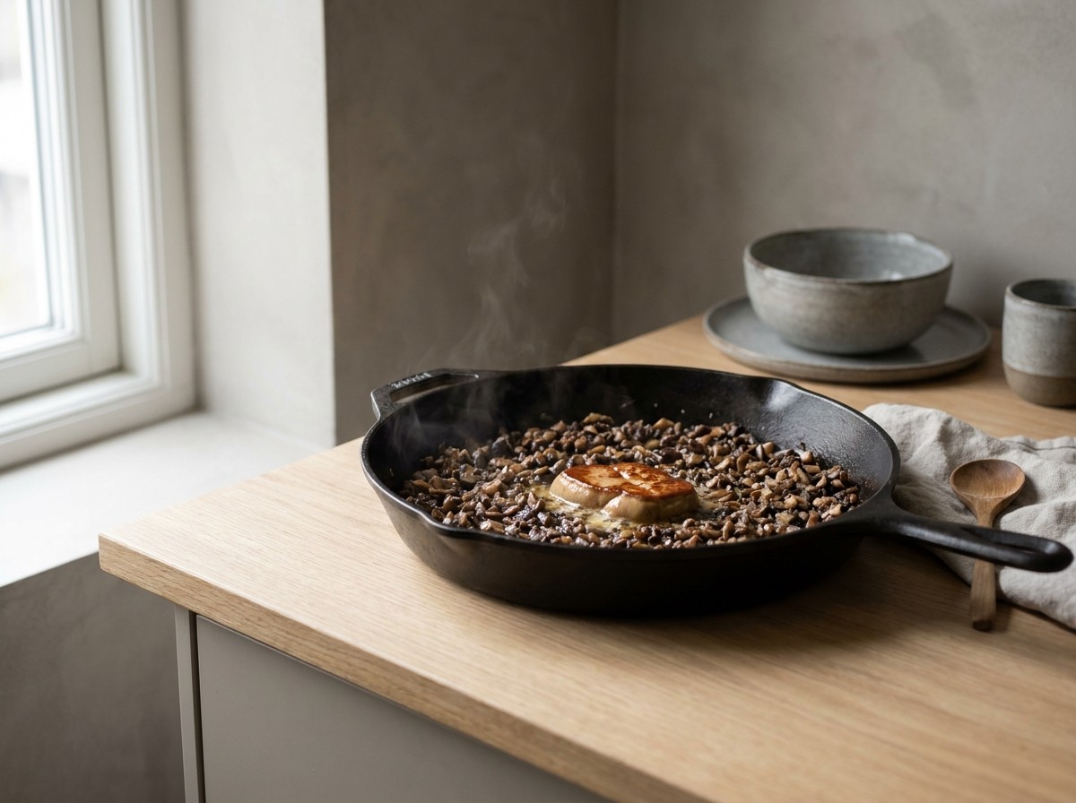 Duxelles de setas y foie salteándose en la sartén