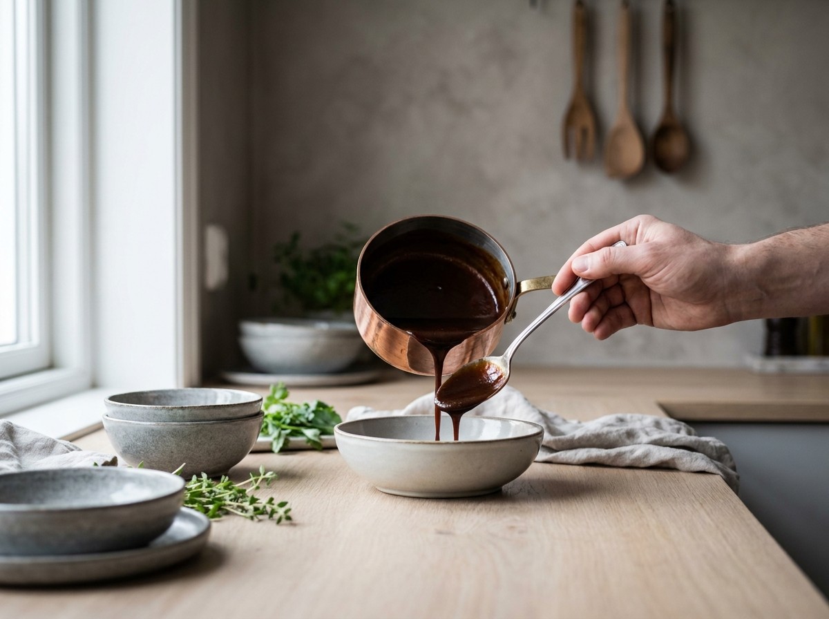 Caldo de manitas reduciéndose a demi-glace brillante