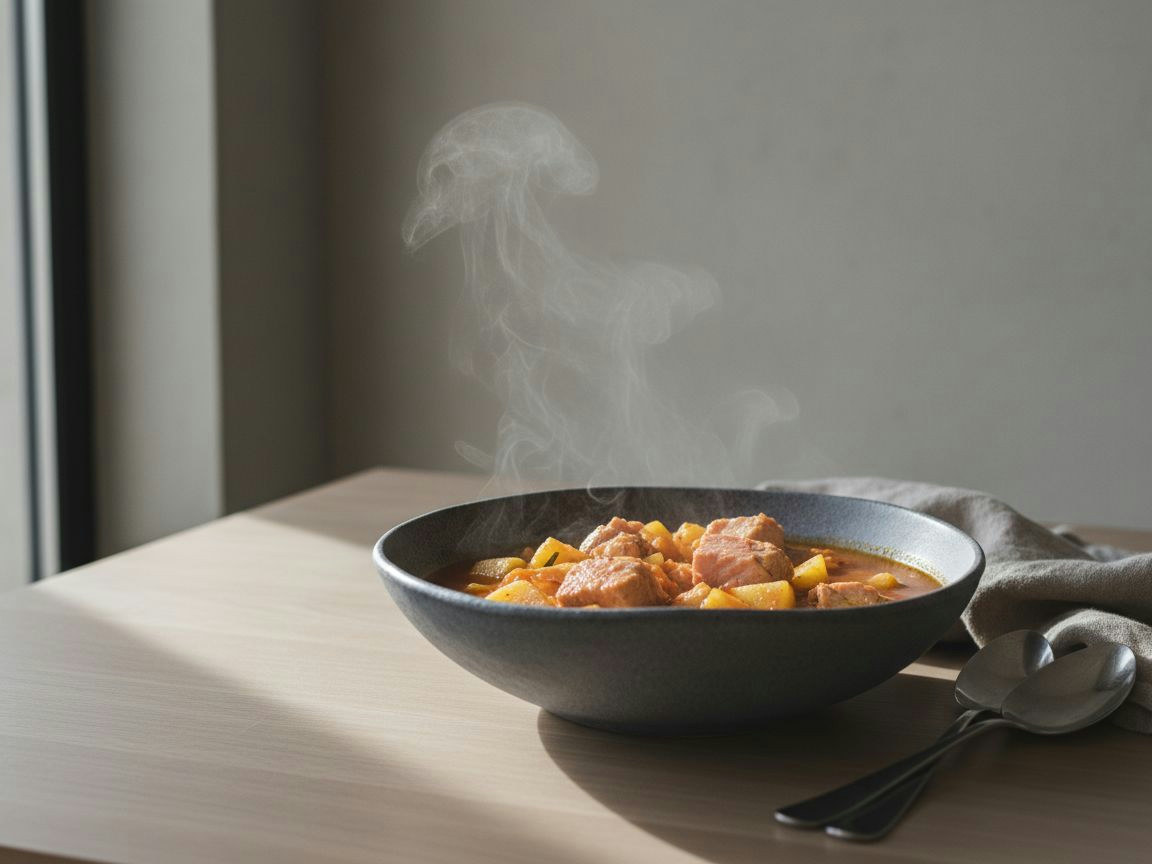 Cazuela de hierro con marmitako de bonito, caldo anaranjado y trabado, dados de bonito rosados sobre la patata chascada y perejil picado por encima